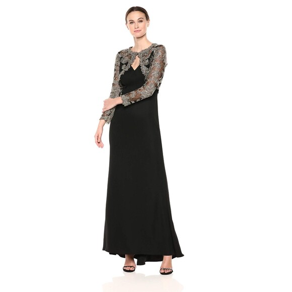 Tadashi Shoji Gown Dress Embroidered Long Sleeve Sheer Gold Floral Womens 8 - Picture 1 of 13